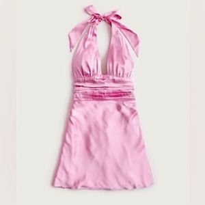 Plunge satin mini dress bow halter dress - light pink